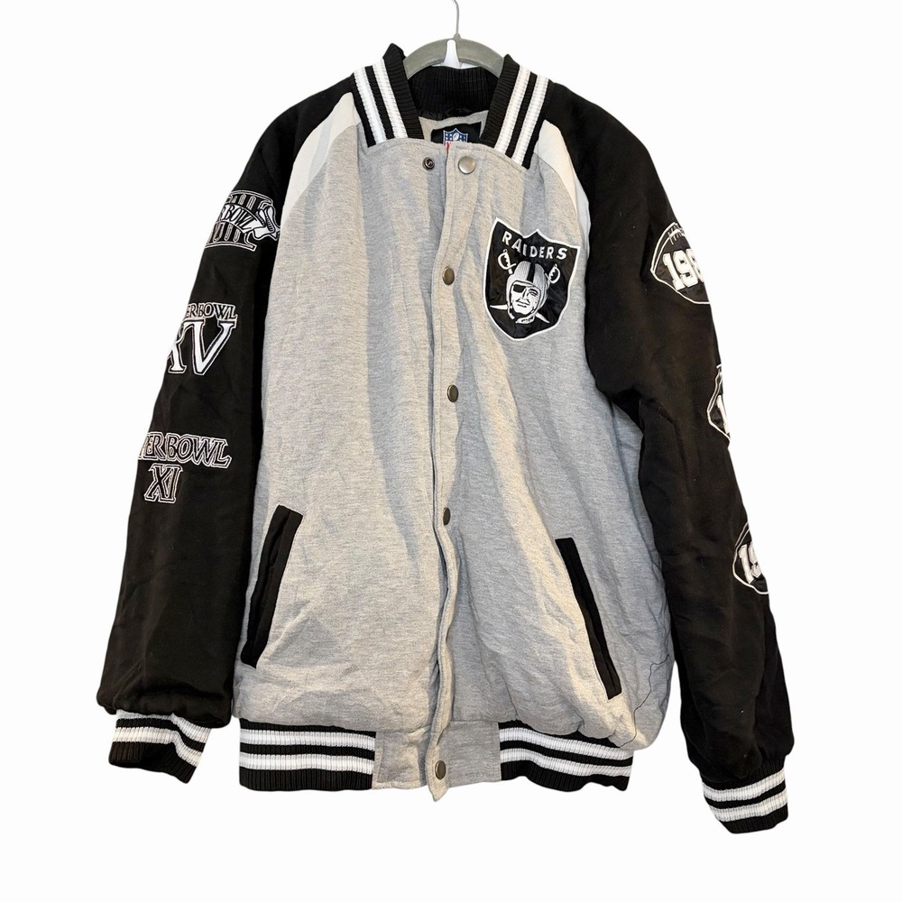 Oakland Raiders Jacket Mens M Black Gray NFL Super Bowl Champions Bomber Thick